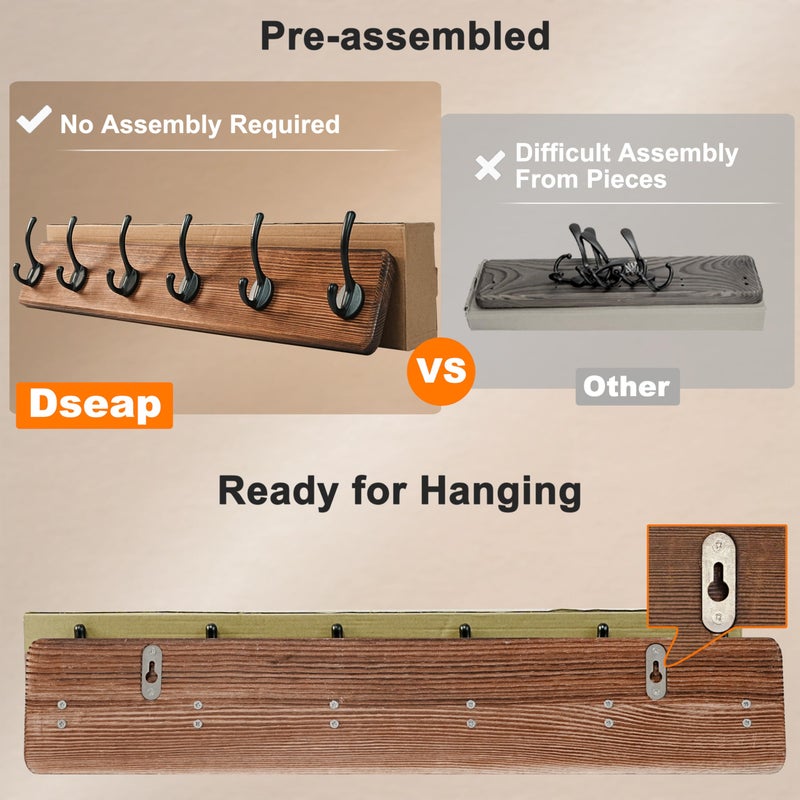 Dseap Wall Mounted Coat Rack: 38-1/4" Long, Patented, Heavy-Duty, 10-Double-Hooks Wooden Hanger Rail for Winter Coats, Hat, Jacket, Clothing - Natural & Black - Image 3